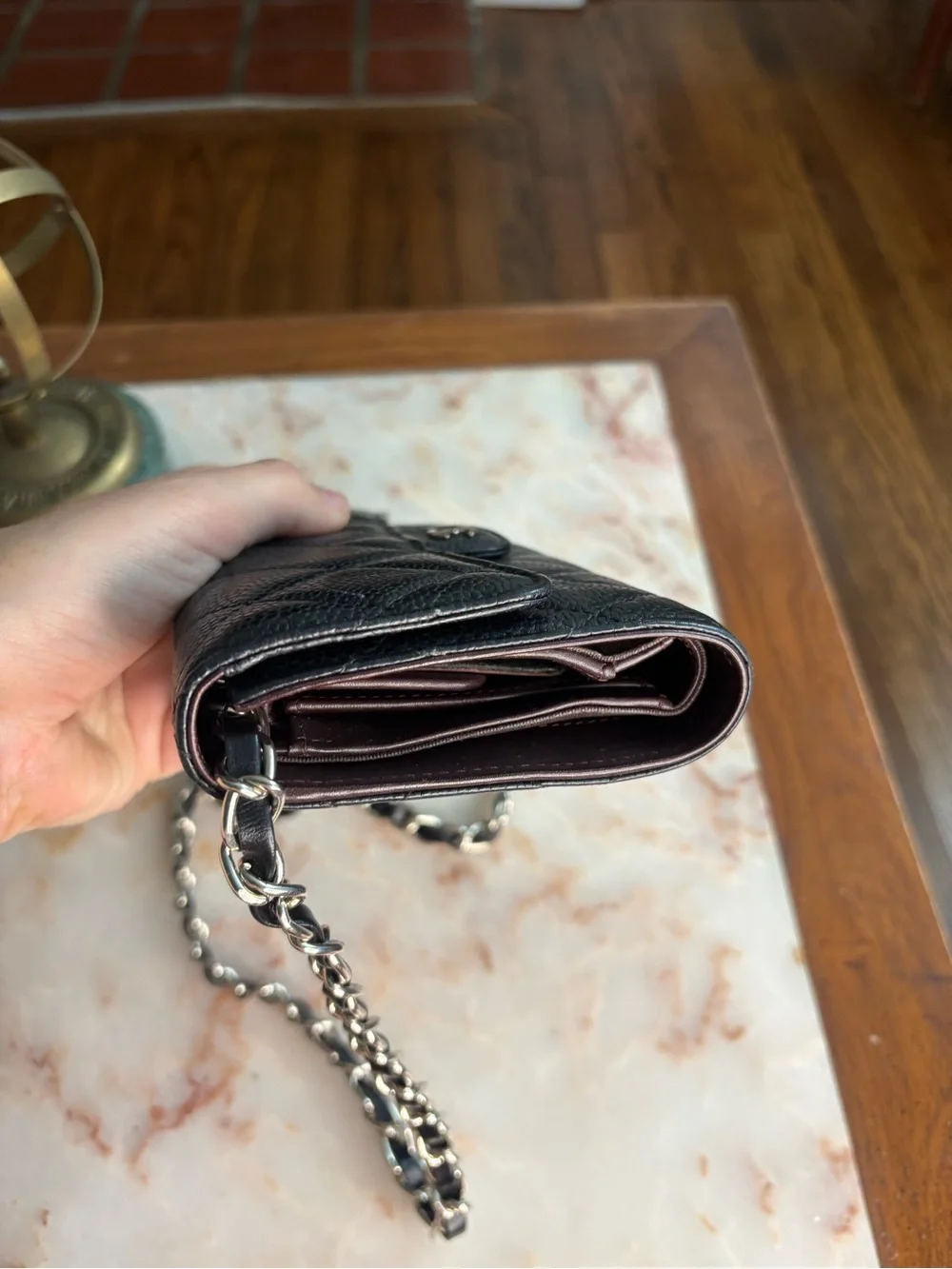 CHANEL Caviar Leather Black Quilted Classic Trifold Wallet w/ Added Chain